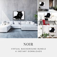 a white couch sitting in front of a wall with pictures on it and the words noir