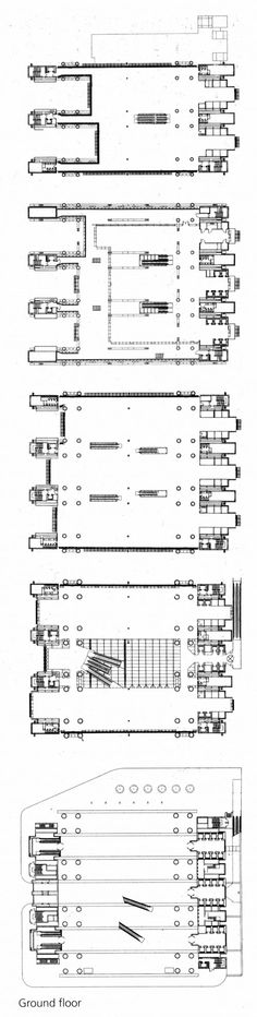 an architectural drawing shows the various sections of a building and its construction details, including floor plans