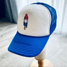 Funny Baseball Cap Hat With The Original Bomb Pop/Rocket Pop Popsicle On The Front. Adjustable In The Back. Nwot Blue Fun Snapback Hat For Summer, Fun Blue Snapback Hat For Summer, Blue Fun Style Snapback Hat, Blue Fun Baseball Cap One Size, Fun Blue Snapback Baseball Cap, Fun Blue Baseball Cap One Size Fits Most, Summer Blue Snapback Trucker Hat, Blue Snapback Trucker Hat For Summer, Blue Snapback Hat For Summer