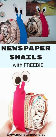 newspaper snails with freebie for kids to make and sell on etsyle