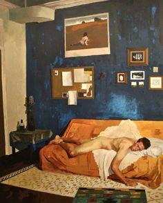 a painting of a man laying on top of a bed in a room with blue walls