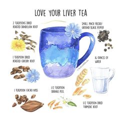 a watercolor drawing of a blue mug with ingredients to make it look like tea