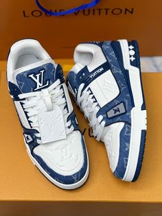 Luxury Blue Custom Sneakers For Men, Luxury Blue Sneakers For Streetwear, Louis Vuitton Blue Lv Air Jordan 13, Louis Vuitton Bag Blue, Louis Vuitton Blue, New Balance, Men's Shoes, Slippers