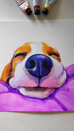 a drawing of a dog's face with three markers