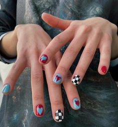 Funky Nail Art For Short Nails, Nails Red And Blue, Funky Nail Ideas, Short Nails Red, Minimal Nails Art, Mens Nails, Best Nails, Punk Nails