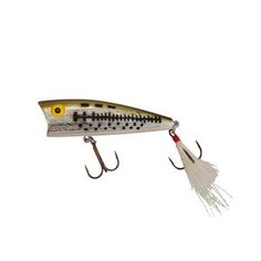 a fishing lure with white and yellow stripes on the end, hanging from a hook