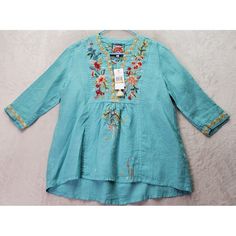 Johnny Was Blouse Women's Small Blue Taryn Floral Embroided Long Sleeve V Neck. Size: Womens Size S Measurements: * Chest (Pit To Pit): 21" * Length (Shoulder To Bottom): 25" Condition: Nwt Shipping: * I Will Ship This Item Out Via Usps Mail With A Tracking Number For Confirmation. * I Ship Items Out Every Day So Expect A Quick Delivery! * Please Feel Free To Ask Any Questions You May Have. * I Answer Most Questions Instantly! Sku: 19132 Casual Turquoise V-neck Blouse, Blue Tunic Tops For Fall, Casual Embroidered Spring Tunic Top, Casual Blue Embroidered V-neck Top, Spring Fitted Turquoise Blouse, Fitted V-neck Embroidered Top For Spring, Fitted Turquoise Blouse For Spring, Light Blue Floral Embroidered V-neck Top, Spring Embroidered Blue Tops