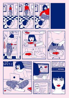 a comic strip with an image of a woman sitting on the floor and looking at her laptop