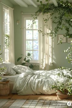 an unmade bed with white sheets and pillows in front of two windows filled with plants