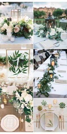 a collage of photos with flowers, candles and greenery on the tables at a wedding