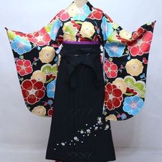 A black and brightly colored floral Japanese Kimono set that includes everything you need.  From Kimono robe to hakama pant to obi belt and sashes...we've got you covered! Item: Furisode Kimono & Hakama , Jyuban & Obi set No. Syfu009 Size: US  L    *Please message me your height or hakama length. Kimono: Width 68cm / Length 163cm   Hakama: Width - fit many sizes   Hakama Length:  95cm (fit height 160cm-170cm) 91cm (fits height 153cm-160cm) 87cm (fits height 145cm-153cm) Condition: NEW. Please ch Traditional Black Sets For Spring, Black Sets For Festivals, Traditional Long Kimono With Floral Embroidery, Traditional Black Floral Print Sets, Traditional Fitted Black Kimono, Fitted Black Floral Print Sets, Fitted Traditional Black Kimono, Fitted Multicolor Traditional Kimono, Fitted Black Traditional Kimono