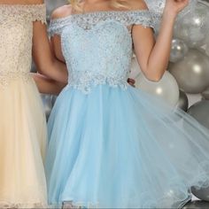 Off The Shoulder Lace Party Dress - Get Ready To Party In May Queen Mq1649 Lace Off The Shoulder Short Dress With Tulle Skirt. This Dress Has A Sweet Lace Straight Across Neckline And Lace Back With Back Zipper. This Short Dress Is The Perfect Choice For Sweet 16, Bat Mitzvah, 8th Grade Dance, And Quinceanera Court. Blue Short Sleeve Dress For Homecoming, Blue Mini Dress For Wedding And Prom Season, Light Blue Mini Dress For Homecoming, Blue Mini Length Evening Dress For Wedding, Blue Bridesmaid Mini Dress For Prom Season, Blue Short Sleeve Prom Dress, Blue Short Sleeve Dress For Prom Season, Blue Short Sleeve Mini Dress For Wedding, Blue Short Sleeve Dress For Prom