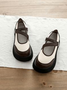 Babakud Women Vintage Color-Block Mary Jane Shoes Brown Mary Jane Flats With Round Toe, White Slip-on Mary Janes, Flat Platform Mary Janes, White Flats With Medium Width And Round Toe, Zapatos Mary Jane, Closed Toe Heels, Loafer Slippers, Denim Maxi, Spring Theme