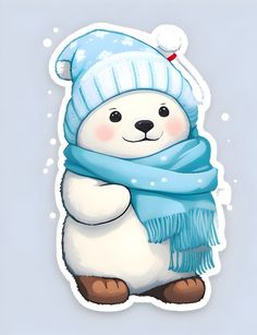 a polar bear wearing a blue hat and scarf