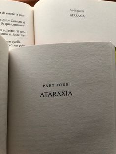 an open book with the words part four ataraxa written on it