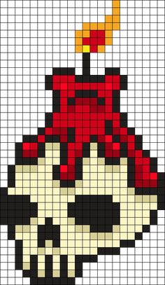 a cross stitch pattern with an image of a skull wearing a red hat on it's head