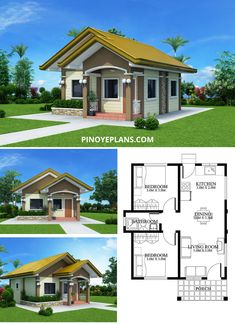 two story house plan with 2 bedroom and 1 bathroom in the front, an open floor plan