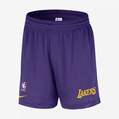 These Lakers shorts are a classic design that checks all the boxes. The mesh fabric is breathable and the loose-cut fit hits at a mid-thigh length to help keep things feeling cool and casual. Nike Shorts For Sports Events, Nike Short Leg Bottoms For Sports Events, Mesh Sports Shorts For Events, Mesh Shorts For Sports Events, Mesh Bottoms For Summer Sports Events, Nike Athletic Shorts For Summer Sports Events, Nike Shorts With Elastic Waistband For Sports Season, Casual Breathable Mesh Shorts, Short Mesh Sports Bottoms