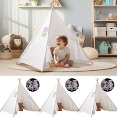 a little boy sitting on the floor in front of a teepee with four pieces of white