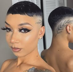 Bald Head Tattoos Women, Buzzcut Black Women Design, Shaved Head Women Dyed, Shaved Hair Designs For Women, Back Of Head Shaved Design Black Women, Head Tattoo Hair, Bald Women With Tattoos, Buzz Cut Black Women, Beauty Juice