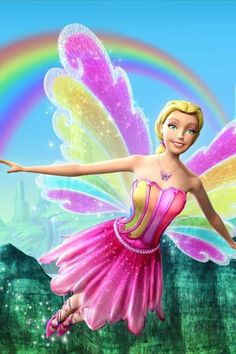 a fairy with pink dress and wings flying through the air over a rainbow - colored forest