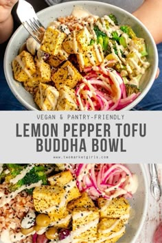 a white bowl filled with lemon pepper tofu and veggies next to a woman holding a fork