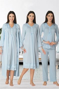 LohusaHamile 2426 Maternity Pajamas Maternity Nightgown Set with Robe  Cotton Fabric There are 4 pieces of product in the package ( Maternity Pajamas, Maternity Nightdress and Maternity Robe ) This Products have breastfeeding feature Pajamas and nightgown are long sleeved Adjustable at the waist There is a Belt in the Pachage it's a model that you can use after postpartum period Attention, There is no CROWN and SLIPPERS in the Package Size Range; if your weight's 60-70 Kilograms or 132 Ib - 154 Elegant Blue Sleepwear For Sleepover, Blue Sleepwear Set, Elegant Light Blue Sleepwear For Loungewear, Light Blue Long Sleeve Nightgown For Bedtime, Light Blue Long Sleeve Nightgown For Sleep, Long Sleeve Blue Nightgown For Home, Long Sleeve Blue Nightgown For Hospital, Blue Long Sleeve Hospital Nightgown, Light Blue Long Sleeve Nightgown