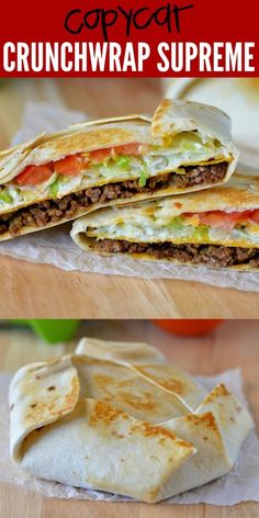 this is an image of a sandwich wrap with meat and cheese on it, cut in half