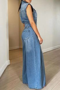 FZ Women's Vintage Loose Denim Wide Leg Pants Jumpsuit - FZwear Preppy Mode, Denim Jumpsuits, Jumpsuit Fitted, Style Overalls, Streetwear Chic, Jeans Overall, Sleeveless Suit, Flare Jumpsuit, Vintage Preppy