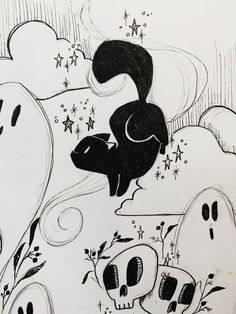 a black and white drawing of two skulls in the air with stars above them,