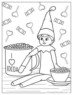 a coloring page with the image of an elf making candy