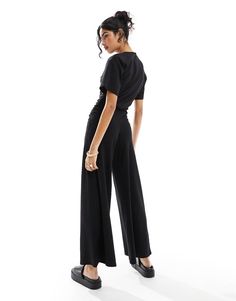 ASOS DESIGN ruched side jumpsuit with wide leg in black | ASOS Playsuit Jumpsuit, Asos, Wide Leg, Short Sleeves, Jumpsuit, Crew Neck, Black, Design