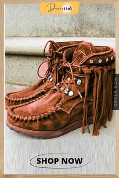 Tassels Rivets Faux Suede Boots Bohemian Suede Boots With Tassels, Bohemian Fall Boots With Flat Heel, Casual Brown Boots With Tassels, Festival Boots With Tassels And Round Toe, Bohemian Suede Boots With Fringe, Bohemian Suede Fringe Boots, Bohemian Style Fringe Suede Boots, Brown Tasseled Boots For Festivals, Festival Leather Fringe Boots