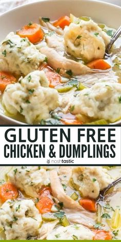 chicken and dumplings in a white bowl with text overlay that reads gluten free chicken and dumplings