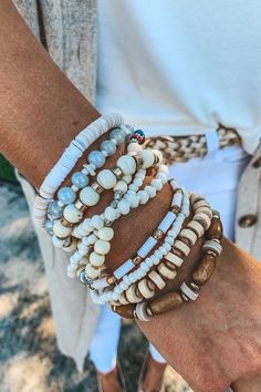 Stacked Beaded Bracelet | Sophie & Trey Heishi Bracelet Stack, Adjustable Multi-strand Beaded Bracelets For Everyday, Trendy Wooden Beads Bracelets, Casual Beach Wrap Bracelet With Round Beads, Heishi Beads Multi-strand Bracelets For Beach, Casual Wooden Beads Stretch Bracelet For Beach, Casual Beach Stretch Bracelet With Wooden Beads, Casual Multi-strand Beach Jewelry, Casual Multi-strand Jewelry For The Beach