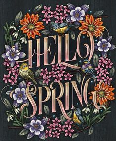 the words hello spring are surrounded by colorful flowers and birds on a blackboard background