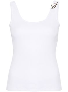 white stretch-cotton fine ribbed scoop neck appliqué logo sleeveless unlined straight hem Tank Top White, Ribbed Tank Top, Ribbed Tank Tops, Ribbed Tank, White Tank Top, Cami Tanks, Stretch Cotton, Size Clothing, Scoop Neck