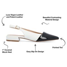 The Bertie low-block heel flats from Journee Collection will be the perfect shoe to take you from the office to a nice evening out to dinner. Their luxe vegan patent leather padded footbed sling back strap buckled ankle strap two-tone design and pointed toe will give you that classy yet casual look to compliment your outfit. To keep it simple their pull-on closure will make them easy to slip on and off as you rush to your next event. Low Block Heels, Comfortable Flats, Pointed Toe Flats, White Flats, Sling Back, Journee Collection, Perfect Shoes, Keep It Simple, Back Strap