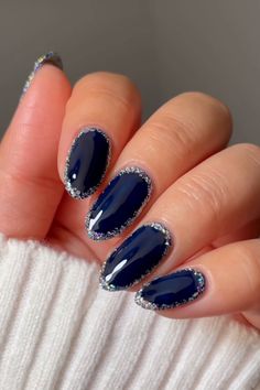 29 Dark Blue Nails to Make Your Tips Shine Like a Midnight Sky! Dark Blue And Glitter Nails, Dark Blue Nails With Design Acrylic, Hanukkah Nail Art, Dark Blue Nails Glitter, Hanukkah Nails Designs, Blue Holiday Nail Designs, Dark Blue Nails With Glitter, Dark Blue Gel Nails, Dark Blue Sparkly Nails