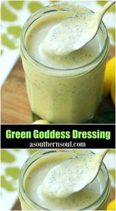 green goddess dressing in a jar with a spoon