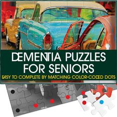 the puzzles for seniors are being displayed in front of an image of classic cars