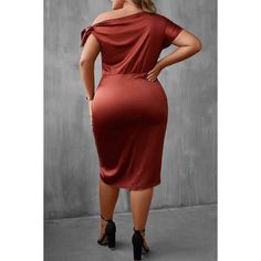 Elevate your wardrobe with the Noelle Midi Dress, a luxurious and exclusive addition in rich brown. The sultry shoulder knot detail adds a touch of sophistication to the faux wrap design, making it the perfect choice for any occasion. Dress to impress with this elegant and timeless piece. Elegant Draped Brown Dress, Elegant Brown Draped Dresses, Elegant Brown Ruched Midi Dress, Chic Brown Draped Dress, Formal Brown Ruched Midi Dress, Elegant One Shoulder Brown Midi Dress, Elegant Brown Midi Dress For Night Out, Elegant Party Dress With Knot Detail, Elegant Evening Midi Dress With Twist Front