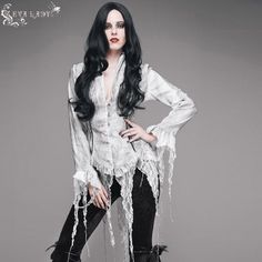 Daily Lace Tassels Sexy Women Long Sleeves Lace Up Printed White Blouse Gothic Style Cosplay Top For Fall, Fitted Gothic Tops, Gothic Long Sleeve Tops For Costume Party, Gothic Top For Costume Party In Fall, Gothic Tops For Costume Party In Fall, Fairy Grunge Tops For Spring Party, Spring Fairy Grunge Party Tops, Gothic Tops For Fall Costume, Fairy Grunge Long Sleeve Party Top