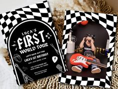 an image of a birthday party with a photo and guitar on the front, in black and white checkered paper