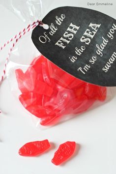 red gummy bears are in a bag with a tag that says fish spaa