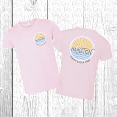 Soft t-shirts with our original beach themed design customized with YOUR name or wording of choice.  Shirts are unisex and fit true to size. This design is also available in adult sizes so the entire family can match! Other shirt colors are available, however not all color choices are available between toddler, youth and adult. Message me for particular requests. Pink T-shirt With Name Print For Summer, Summer Pink T-shirt With Name Print, Relaxed Fit Shirt With Name Print For Summer, Relaxed Fit Summer Shirt With Name Print, Pink Pre-shrunk T-shirt For Vacation, Pink Pre-shrunk T-shirt For The Beach, Family Vacation Beach Season Crew Neck T-shirt, Pre-shrunk Crew Neck T-shirt For Family Vacation, Short Sleeve Shirt For Family Beach Vacation