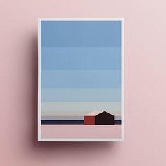 a poster with a house in the middle on a pink wall next to a white frame