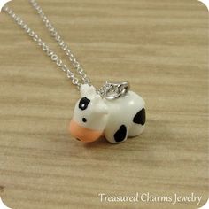 Cute Cow Charm Necklace, Cow Charm on a Silver Plated Cable Chain White Chain Necklace With Charms For Gifts, Adjustable White Chain Necklace Gift, White Necklace With Charms And Round Pendant, White Chain Necklace With Round Pendant For Gift, White Sterling Silver Charm Necklace With Adjustable Chain, White Sterling Silver Charm Necklace With Silver Chain, Sterling Silver Necklace With White Silver Chain, Cute White Nickel-free Charm Necklaces, Cute White Nickel-free Necklaces