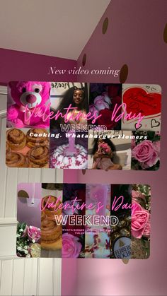 a collage of photos with pink flowers and cakes