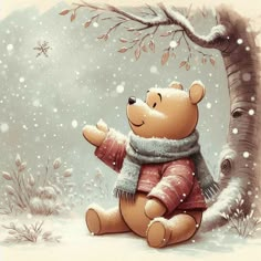 a painting of a teddy bear sitting in front of a tree with snow falling on it